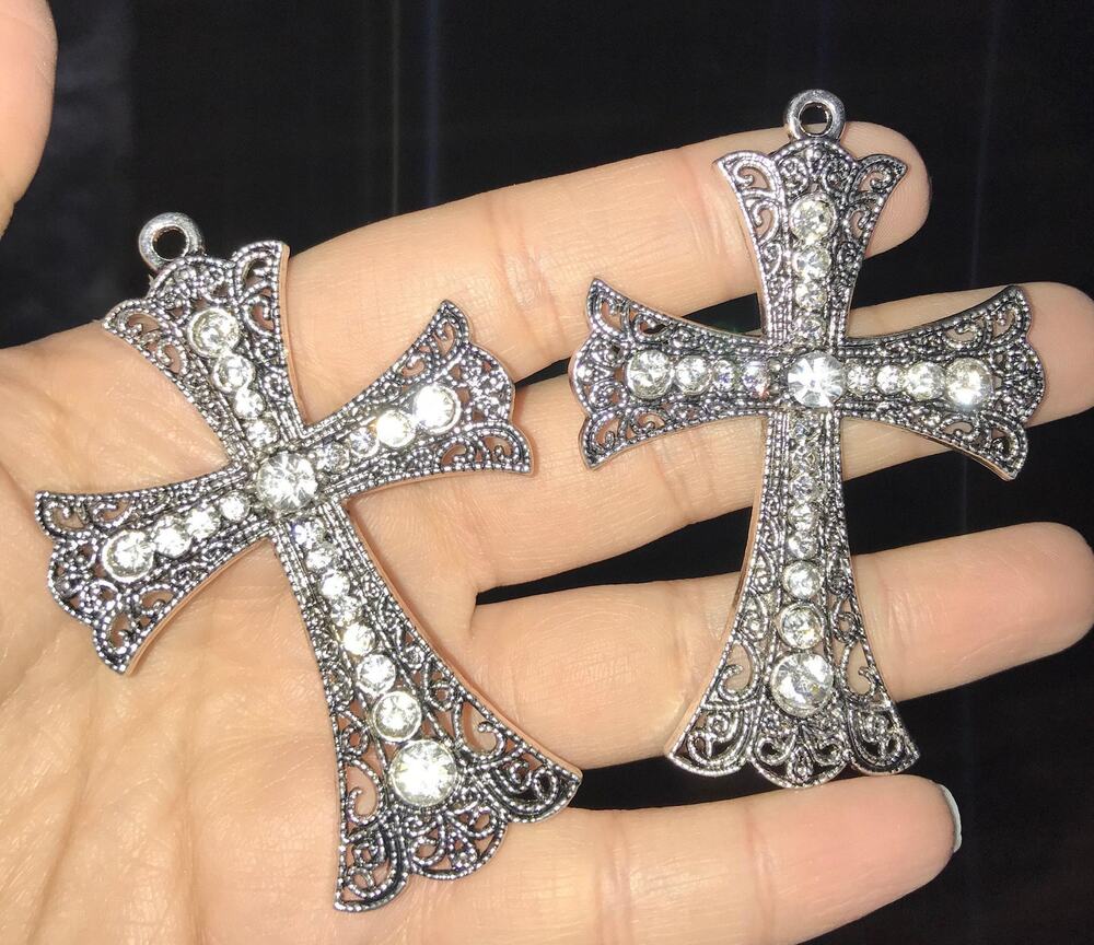 50 Pcs 2-7/8" Ornate Filigree Lace Silver Clear Rhinestone Crystal Cross Pendant